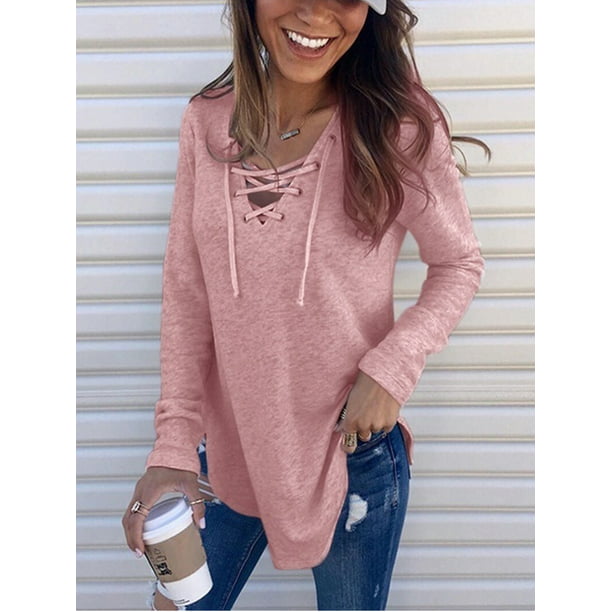 Women Lace Up V Neck Casual Pullover Jumper Sweatshirt Hoodie Long Top Plus Size